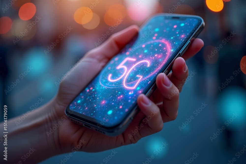 Poster close-up of a hand holding a smartphone with vibrant 5g network graphics on the display.