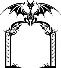 Ornate dragon perched on decorative gothic arch, black and white