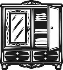 vintage wardrobe with open door, ornate design and folded towels classic furniture illustration