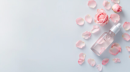 Photograph of a bottle with rose oil and petals on a white background, a flat lay banner for a cosmetic product presentation mockup.