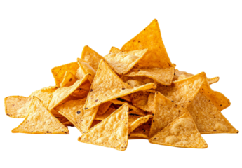 Pile of crispy, seasoned tortilla chips with a golden texture, isolated on transparent background, perfect for snack, food, or menu design.