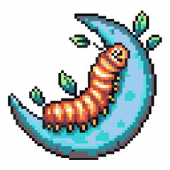Fototapeta premium pixel art caterpillar on crescent moon colorful digital illustration with leaves, whimsical and playful nature scene