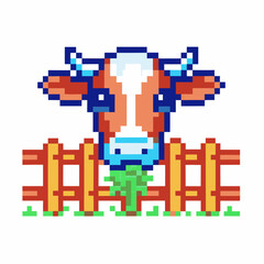 Obraz premium pixel art cow eating grass at fence retro game design, cute farm animal illustration