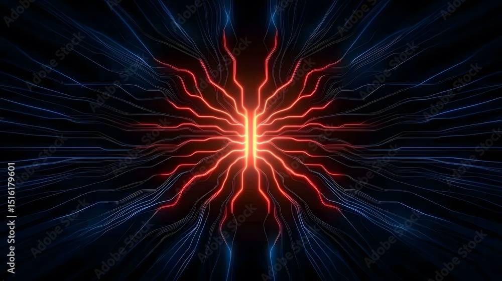 Poster the image shows an abstract design of glowing, interconnected lines radiating outwards from a centra