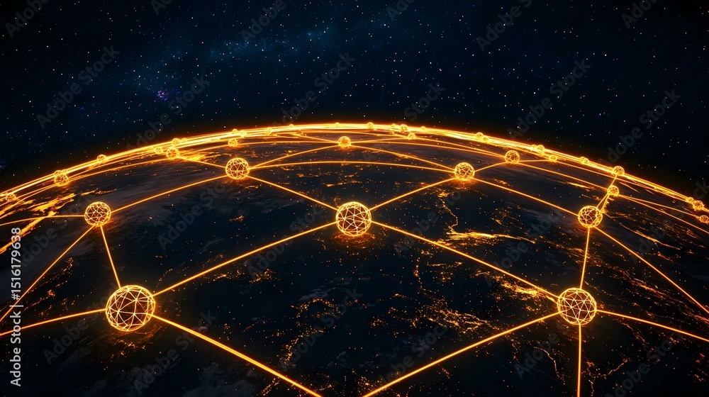 Aufkleber the image shows a glowing network of interconnected nodes encircling the earth, set against a backdr