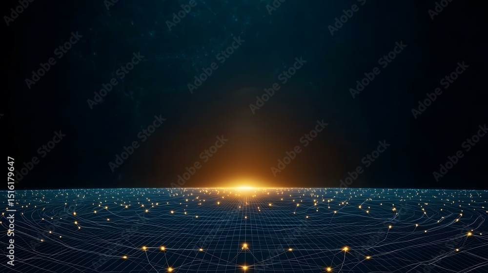 Poster a dark blue and orange abstract image depicts a gridded plane with glowing nodes connected by thin l