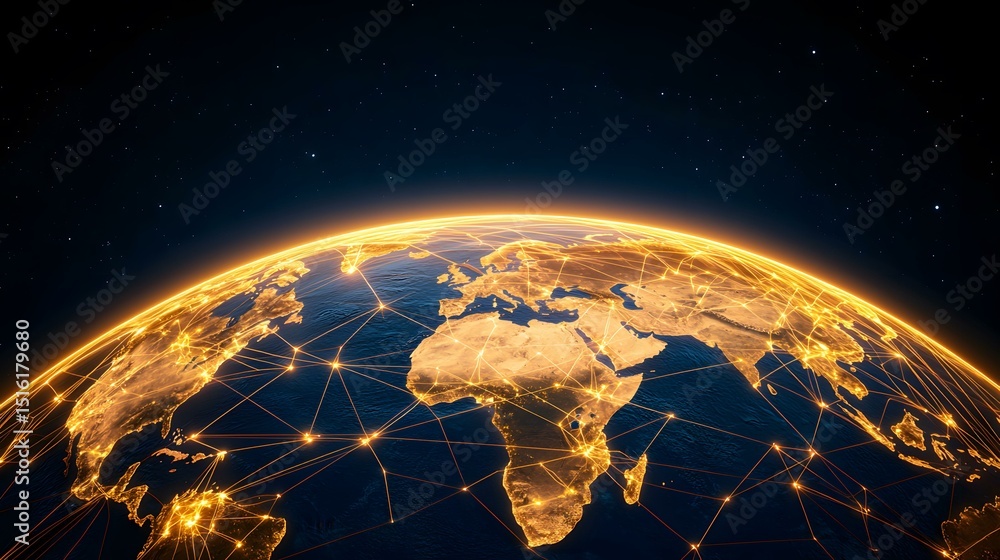 Aufkleber a stylized image of earth at night, illuminated by city lights and interconnected by a glowing netwo