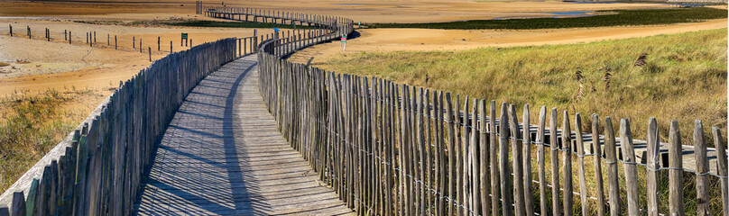 wooden walkway crossing a beach in the nature reserve of the beautiful henriette in vendee, faute sur mer ,  france © coco