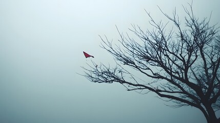A kite stuck in a tree under a gray sky