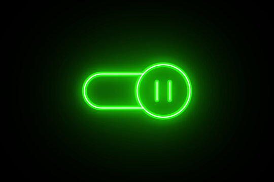 Neon pause symbol. Neon autoplay off icon on black background. Auto play off icon. bright toggle off sign. Neon Autoplay Button. Green Color Multimedia player.