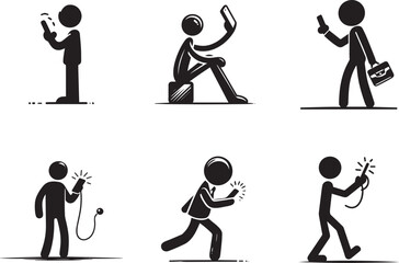 Simple Stickman Talking or Texting on Phone Silhouette Drawing on White