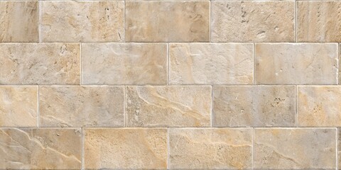 Natural Beige Tan Stone Brick Wall Texture with Staggered Pattern and Subtle Marble Veining for Rustic and Modern Architectural Surfaces