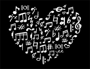 Heart shape filled with musical icons set. Charcoal stamp texture, cute underline symbols for kindergarten or school. White music note, lightning and love signs collection. Vector card illustration