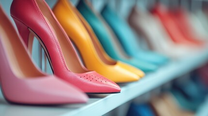 A stunning display of vibrant high heeled shoes in various colors lined up on a shelf, showcasing their elegant design and chic appeal for fashion enthusiasts.