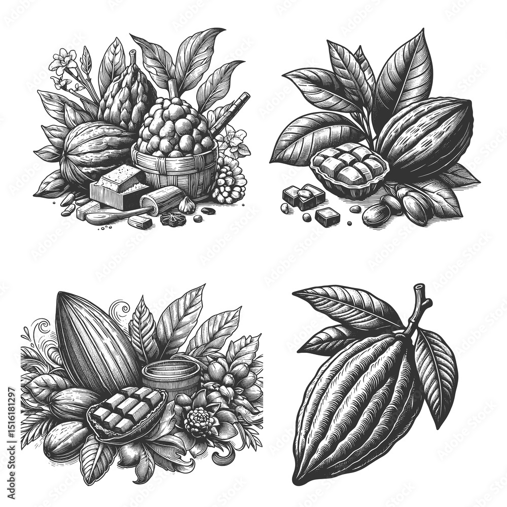 Poster cacao and chocolate set collection bundle sketch engraving generative ai raster illustration. scratc