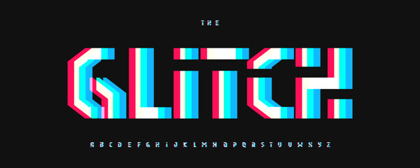 Glitch Geometric Font, Modern Geometrical Alphabet With RGB Split Effect in Blue, Red, and White on Black Background for Digital Art, Cyberpunk, Tech Design. Techno Typography. Vector typeset