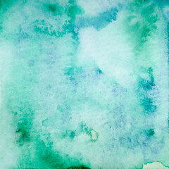 Beautiful turquoise blue watercolor background. Watercolor aquamarine pastel texture of smoke, fog, water, sky. Hand drawn illustration isolated on background. Party invitation, birthday celebration