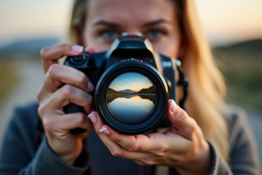 A Stunning View Through the Camera Lens: Woman Capturing a Beautiful Landscape