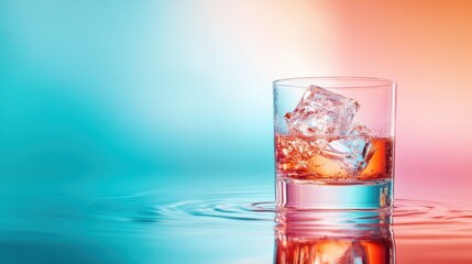 A glass filled with a refreshing liquid and ice cubes reflects vibrant colors, creating an artistic display that evokes feelings of relaxation and enjoyment.