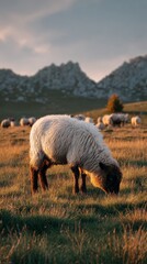 Fototapeta premium Curious Lamb at Sunset in a Mountain Pasture, suitable for eid al adha 