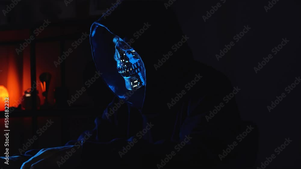 Poster masked man in hoodie typing on laptop in the dark representing hacking, cybercrime, malware and data