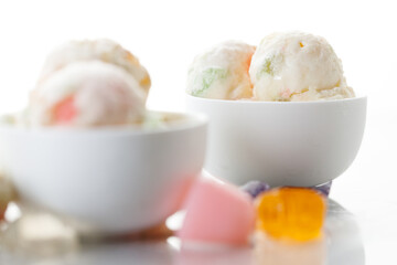 Milk yogurt and jelly ice cream in a white bowl.