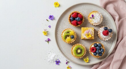 Delicate fruit tarts with edible flowers on a textured white background