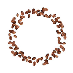 Roasted brown coffee beans round wreath or frame of beans arranged in a circle. Hand drawn illustration
