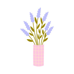 Lavender Bouquet in vase. Scented purple flowers in hand drawn style. Flat vector illustration for summer cozy home design