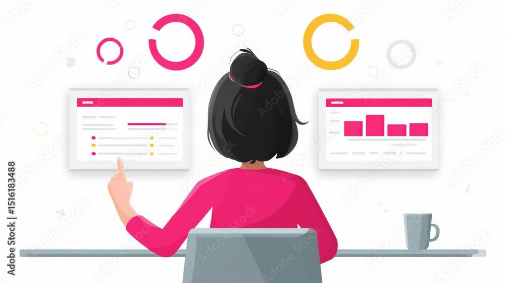 Poster a woman interacts with digital dashboards displaying colorful charts and graphs, analyzing data tren