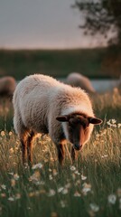 Curious Lamb at Sunset in a Mountain Pasture, suitable for eid al adha 