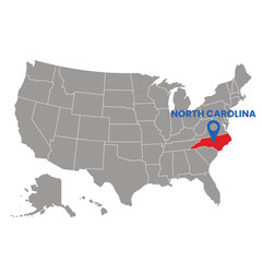 Map of USA highlighting North Carolina in red with a pinpoint marker indicating the location This graphic is ideal for educational materials or presentations.