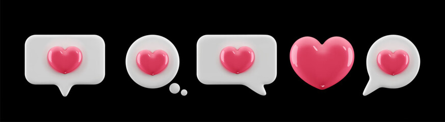 3D cartoon heart notifications icon. Social media speech bubble messages with pink hearts. Vector isolated on black background
