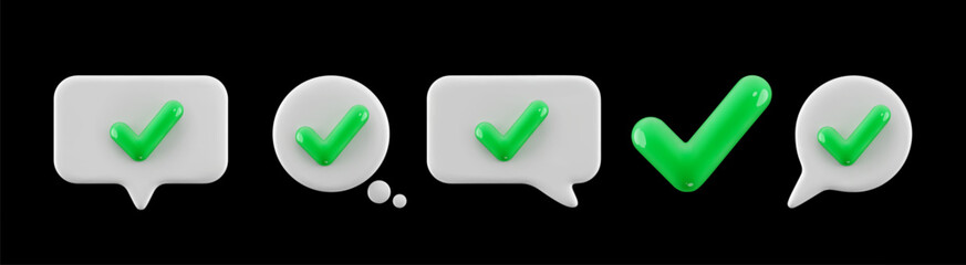 3D cartoon green check mark icon set. Speech bubbles and confirmation symbols. Vector set isolated on black background