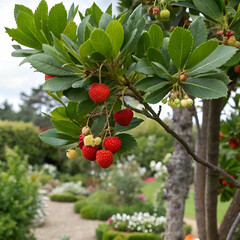 Obraz premium A lush strawberry tree with green leaves and bright red berries, blending ornamental beauty and edible fruit in one charming plant.