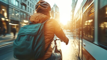 A cyclist in a vibrant orange jacket pedals through a bustling city street, basking in the golden glow of sunset, capturing the essence of freedom and adventure in urban life.