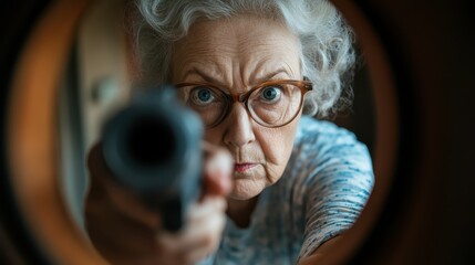An elderly woman, with steely determination, aims a gun through a circular opening, depicting a powerful narrative of strength, resilience, and unexpected defiance against stereotypes of age.
