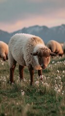 Curious Lamb at Sunset in a Mountain Pasture, suitable for eid al adha 