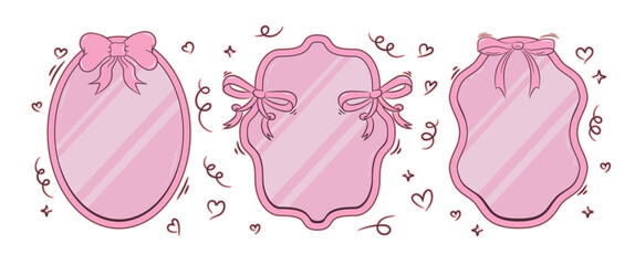 Cartoon mirror collection in coquette style. Cute decorative label with bows and reflections. Vector set isolated on white background