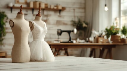 Two elegant dress forms stand among sewing tools in a creative workshop, capturing the essence of fashion design and craftsmanship in a stylish, artistic space.