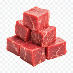 realistic fresh pile of fresh raw beef  cubes isolated on transparent background