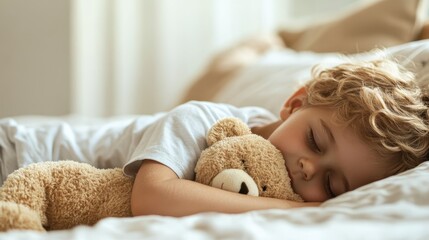 A serene image of a young child peacefully sleeping while hugging a teddy bear, capturing innocence, comfort, and the emotional bond between children and their cherished toys.