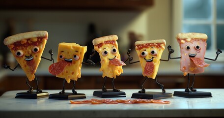 Des personnages en forme de tranches de pizza posés sur des supports noirs sur le comptoir d'une cuisine.