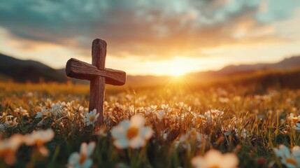 A wooden cross stands tall in a flower-filled meadow, illuminated by the warm glow of the sunset, creating a serene and spiritual atmosphere for reflection and peace.