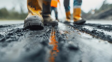 Construction workers wearing yellow boots navigate over wet asphalt, showcasing the hard work involved in creating and maintaining roads for urban development.