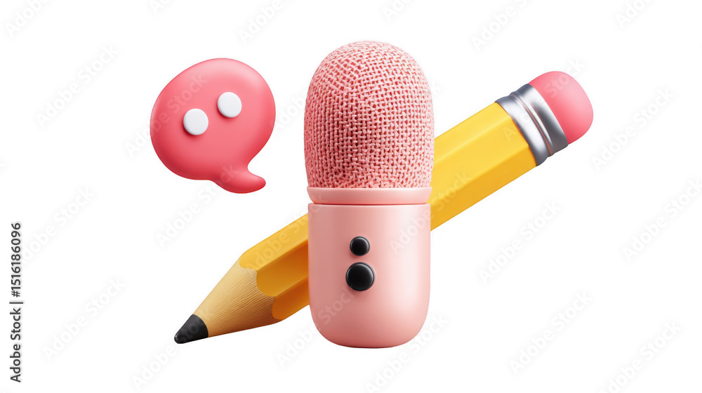 Poster 3d rendering featuring a pink microphone, yellow pencil, and pink speech bubble, representing speech