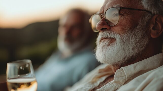 An elderly man sips white wine during a serene evening, embodying savoring life's moments with a profound reflection amidst companionship and tranquility in the golden hour.