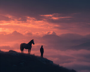 A young man with a horse standing on a hilltop at dawn, the orange and pink hues of sunrise casting a gentle light on their silent connection.