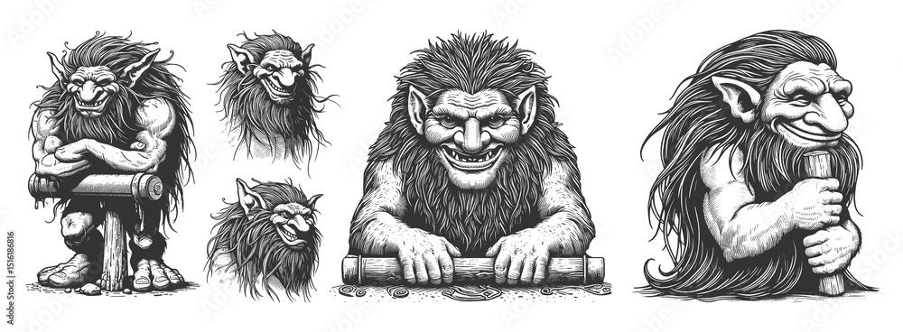 Poster troll character set collection bundle sketch engraving generative ai raster illustration. scratch bo