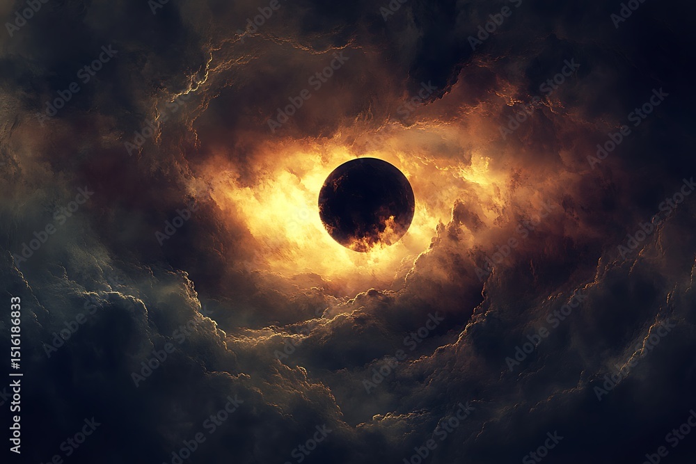 Wall mural a dark celestial sphere glows amidst swirling golden clouds in a cosmic spectacle
